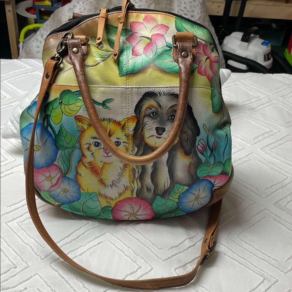 Anuschka Yellow and Blue Handbag with Floral Accents